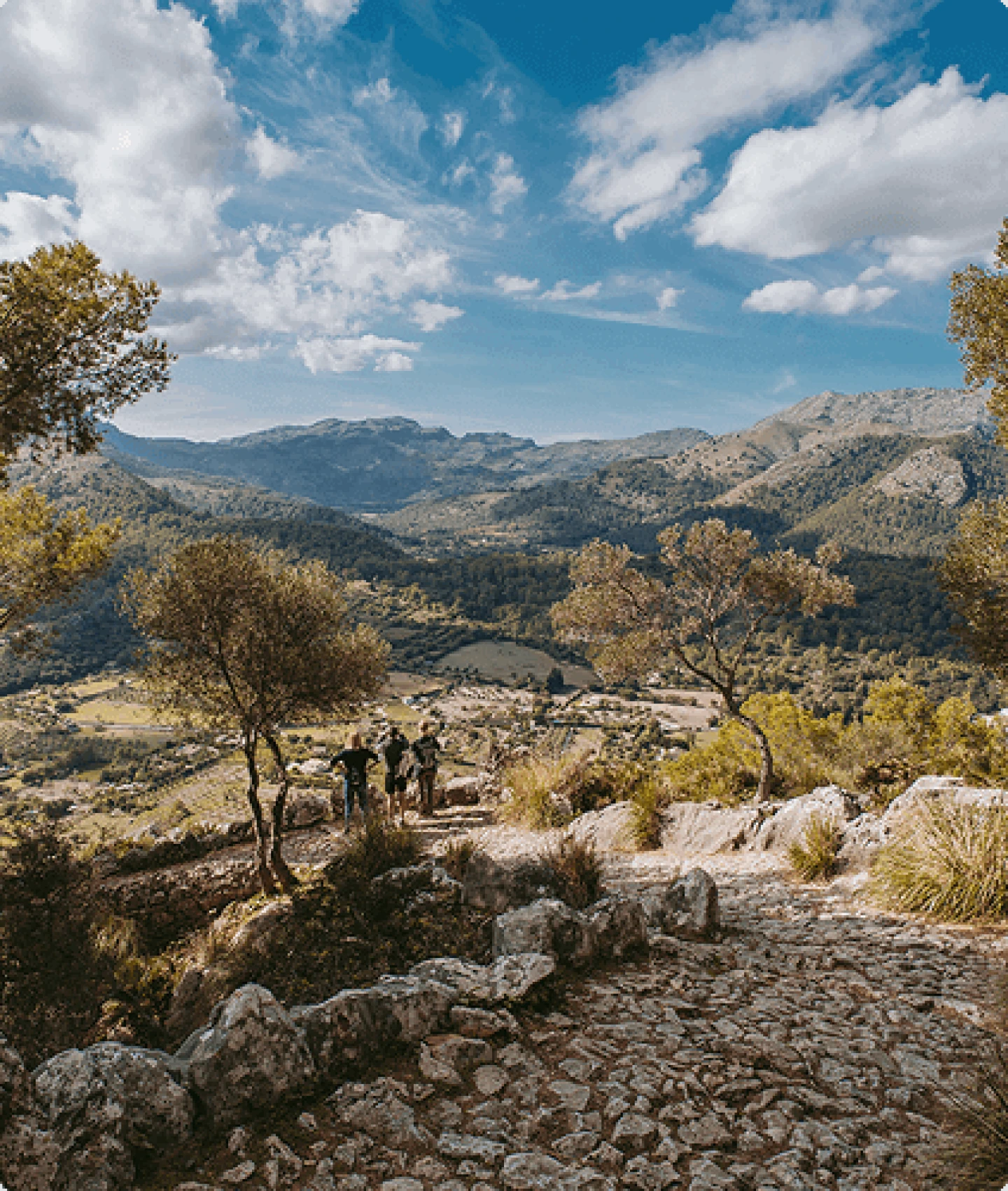 Excursionistas en un sendero de piedra con vistas a un frondoso valle verde y a las montañas cerca de Pollença.